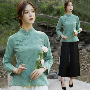 中式改良汉服盘扣旗袍唐装女棉麻上衣复古中国风禅意茶艺服两件套