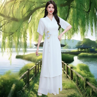 新款中式改良汉服唐装旗袍V领短袖连衣裙中长款上衣茶服套装裤夏
