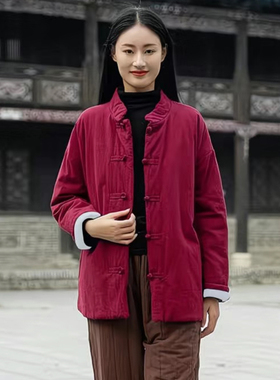 冬季中国风棉麻禅意棉服女复古夹棉加厚棉衣外套民族风中式茶棉袄