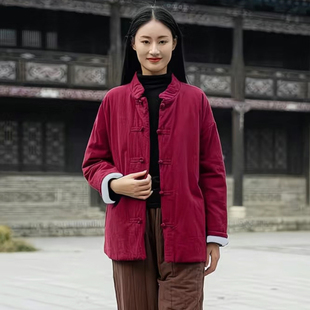 冬季中国风棉麻禅意棉服女复古夹棉加厚棉衣外套民族风中式茶棉袄