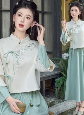新中式国风改良汉服唐装柔软绒面剌绣立领修身长袖女上衣茶服套装