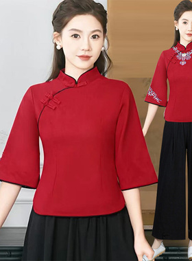 加大码中式红色上衣汉服茶服复古风改良旗袍唐装民族国风棉麻小衫