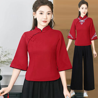 加大码中式红色上衣汉服茶服复古风改良旗袍唐装民族国风棉麻小衫