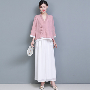 中式唐装改良旗袍棉麻套装文艺复古上衣女民国风禅意茶汉服两件套