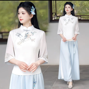 大码中式改良旗袍唐装绣花上衣女复古民国风修身文艺茶汉服两件套