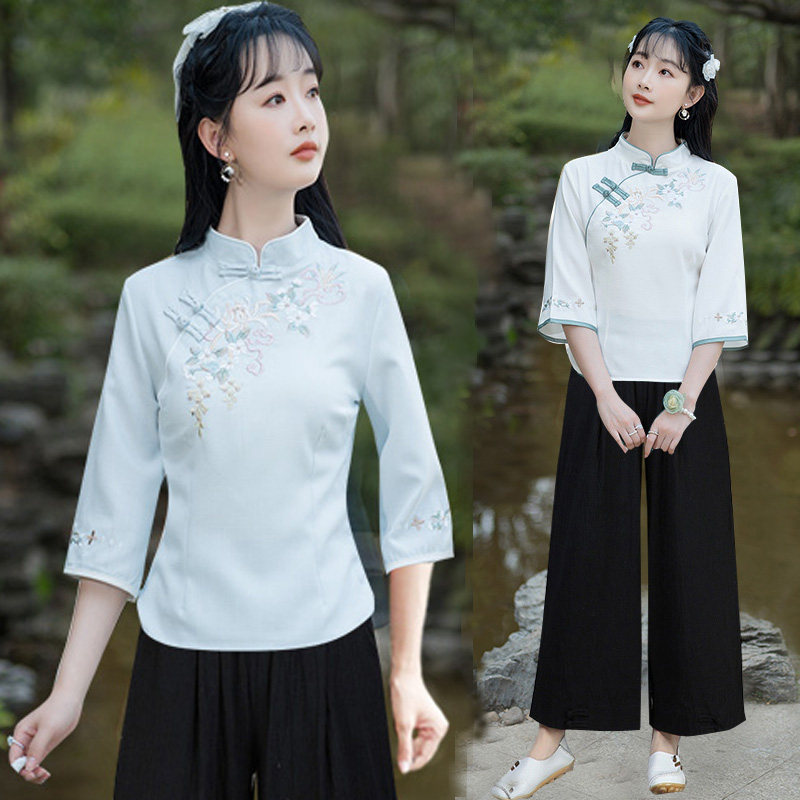 大码中式改良旗袍唐装棉麻中袖上衣民族国风女茶艺服美容采耳师服