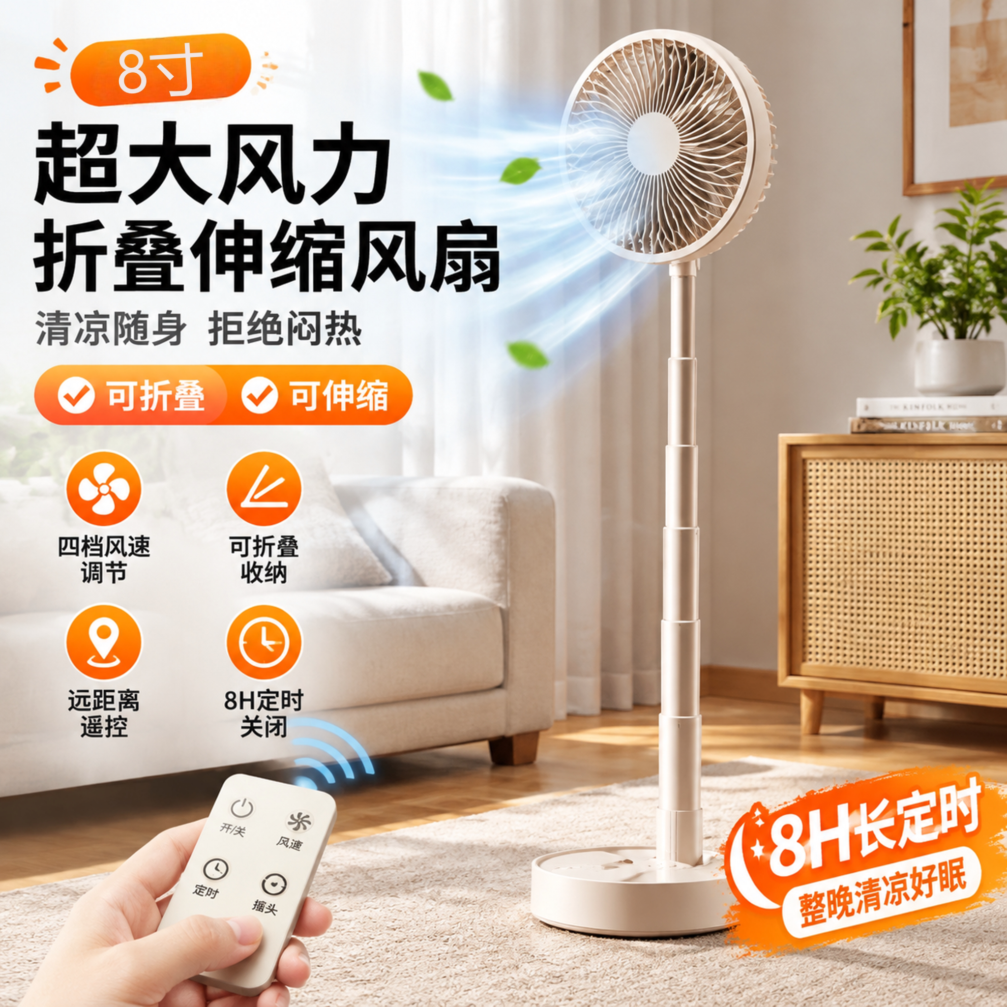 8寸自动摇头折叠小风扇usb充电学生宿舍办公室桌面超静音便携台式