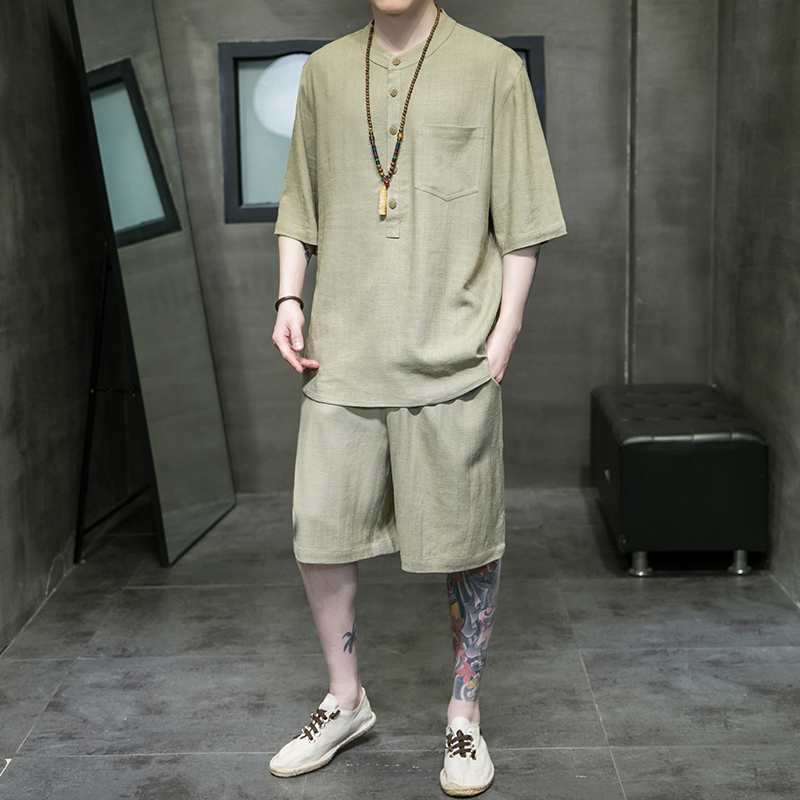 亚麻套装男棉麻短袖T恤夏季薄款中国风男装中式宽松半袖大码短裤