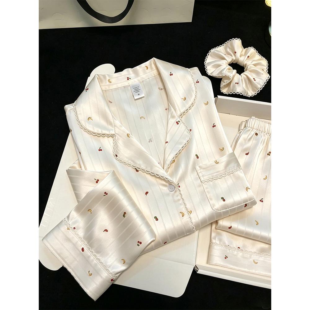 HEARMES 轻奢条纹菠萝冰丝睡衣女春秋季长袖家居服夏天短袖三件套