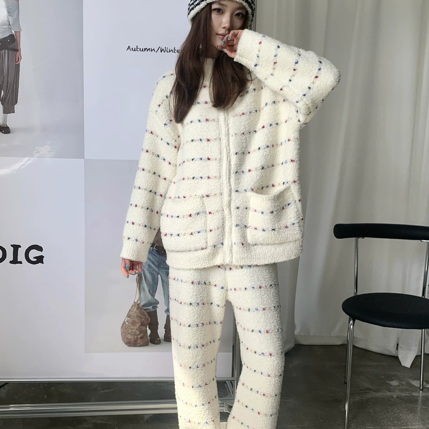 HEARMES 彩色条纹拉链款加厚睡衣女冬季长袖宽松休闲可外穿家居服