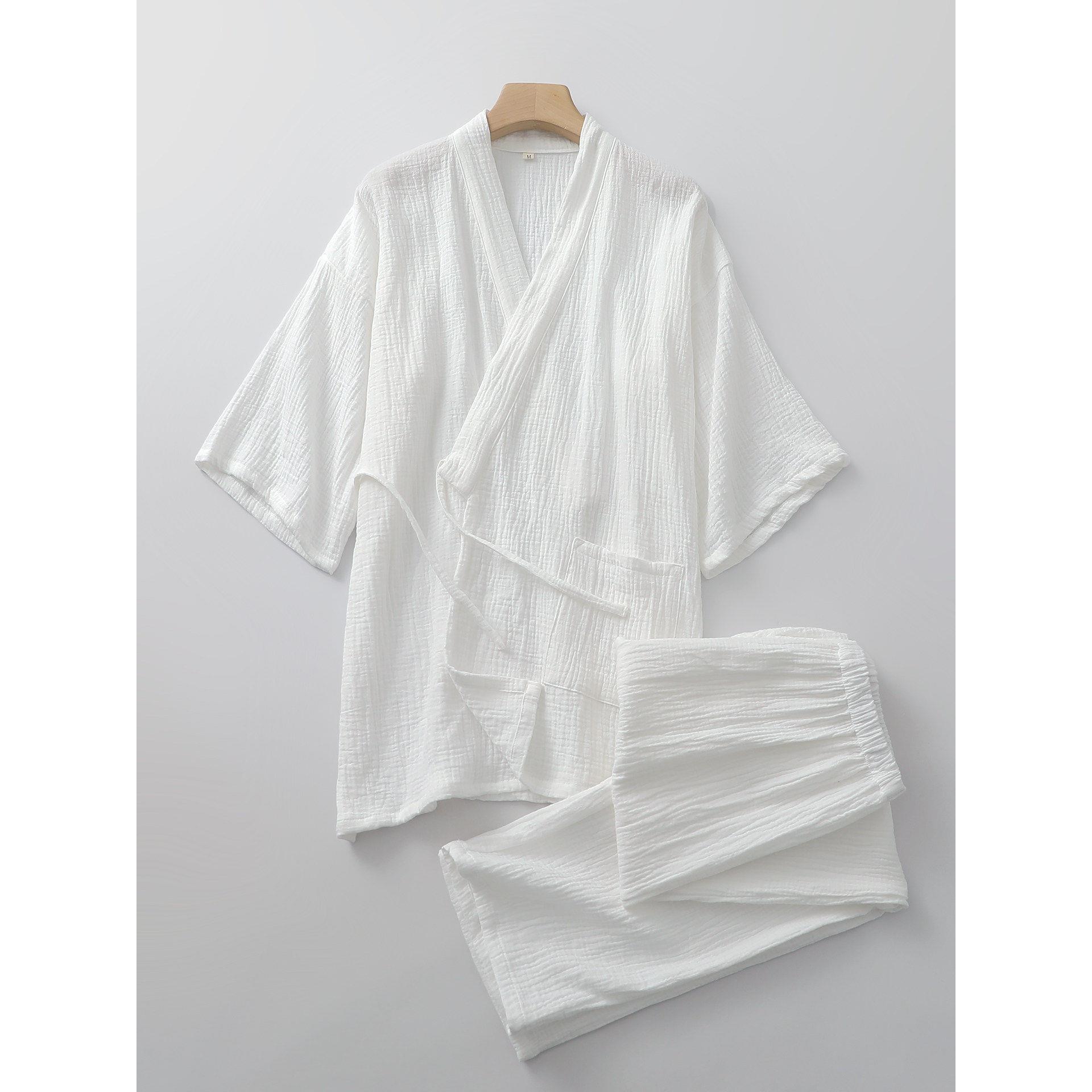 HEARMES 白色国风汉服情侣睡衣女纯棉纱布简约高级感男家居服套装