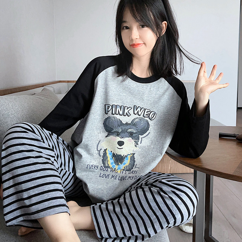 HEARMES 条纹雪纳瑞长袖睡衣女春秋套装可外穿圆领家居服两件套装