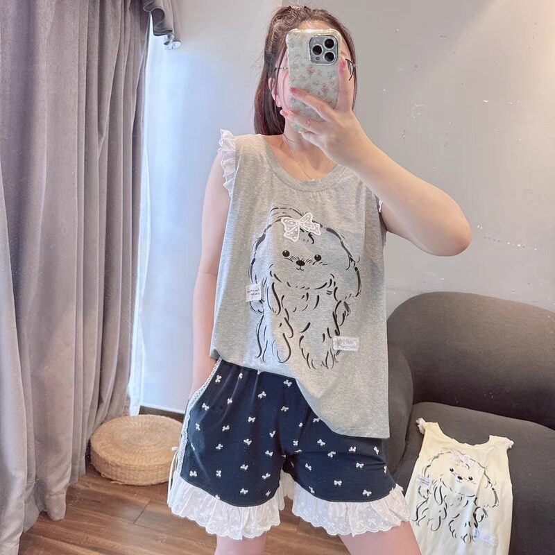 HEARMES 可爱狗狗纯棉睡衣女款夏季薄款背心短裤家居服套装可外穿