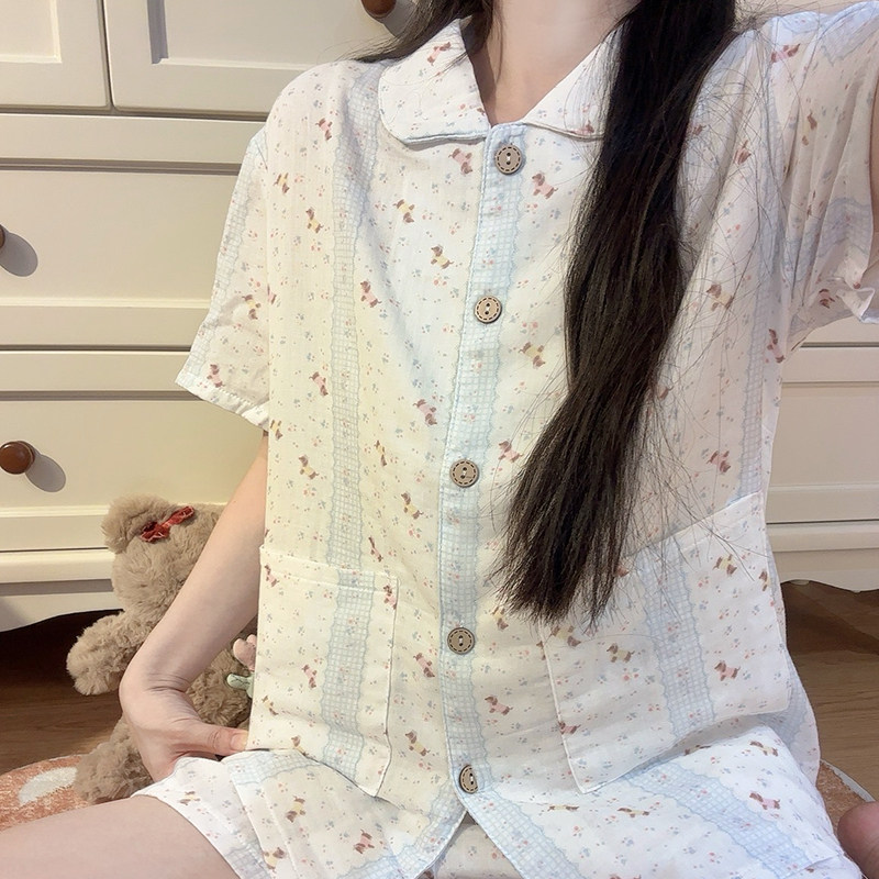 HEARMES 浅野碎花日记睡衣女生夏季纯棉棉纱短袖短裤家居服套装