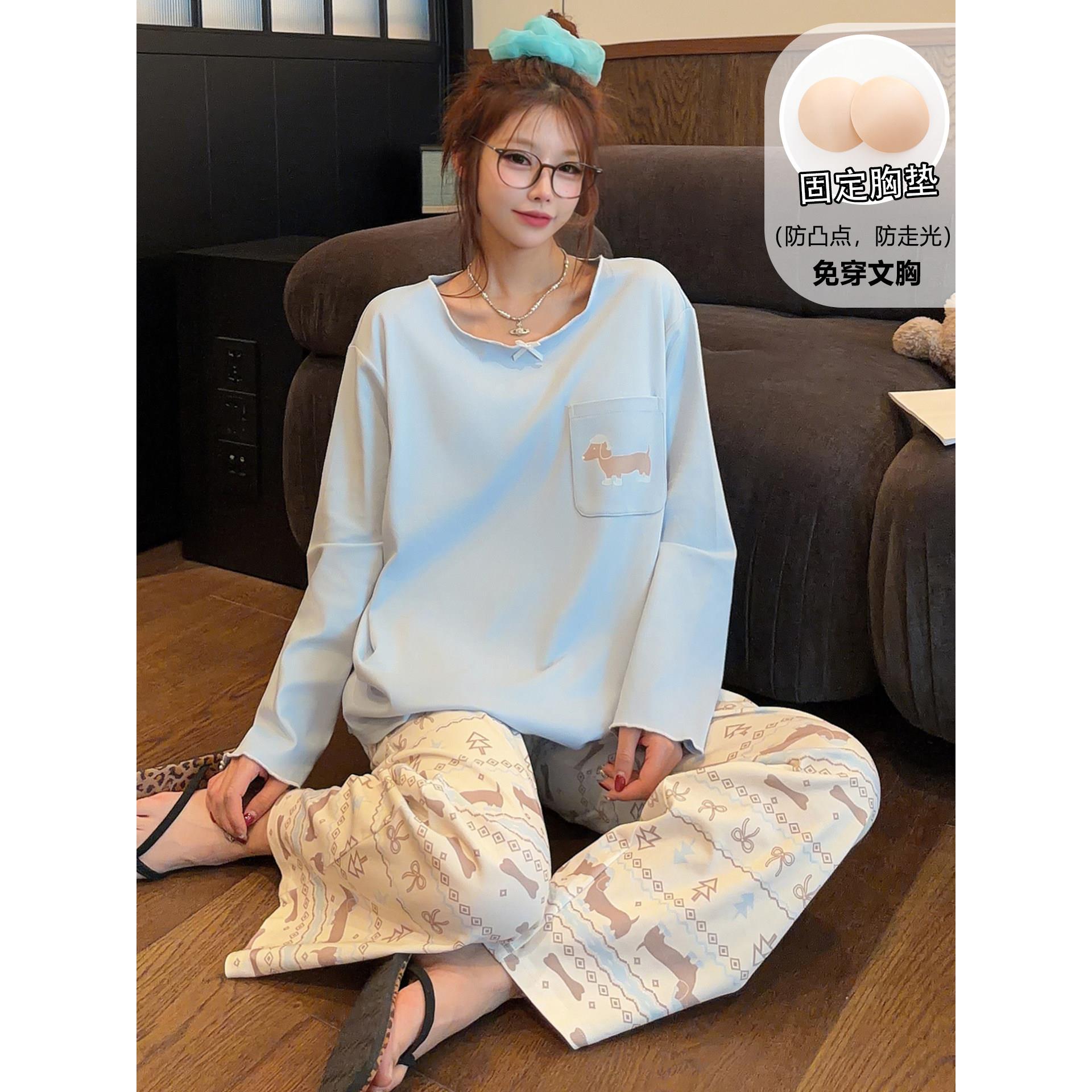HEARMES 睡衣女款秋季长袖长裤纯棉带胸垫休闲春秋款大码家居服