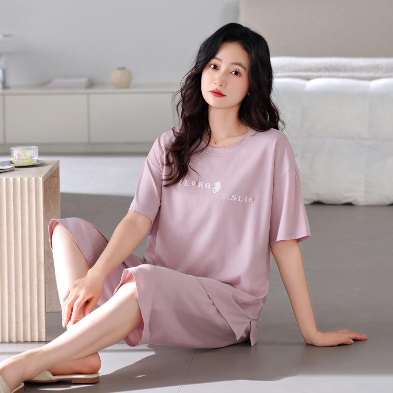HEARMES 睡衣女款夏胸垫薄款短袖七分裤家居服大码可外穿莫代尔睡