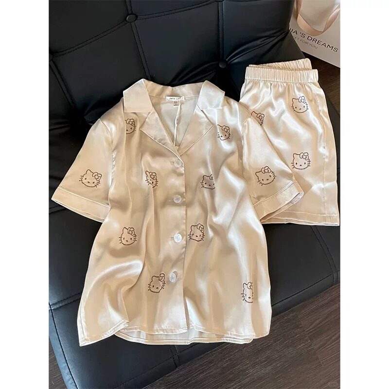 HEARMES 韩版卡通冰丝短袖睡衣女士夏季天凉感家居服春秋长袖套装