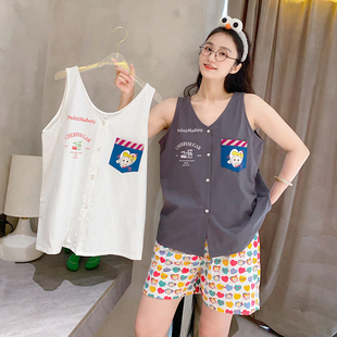 家居服 HEARMES 开衫 V领背心短裤 睡衣女夏甜美休闲可外穿纯棉薄款