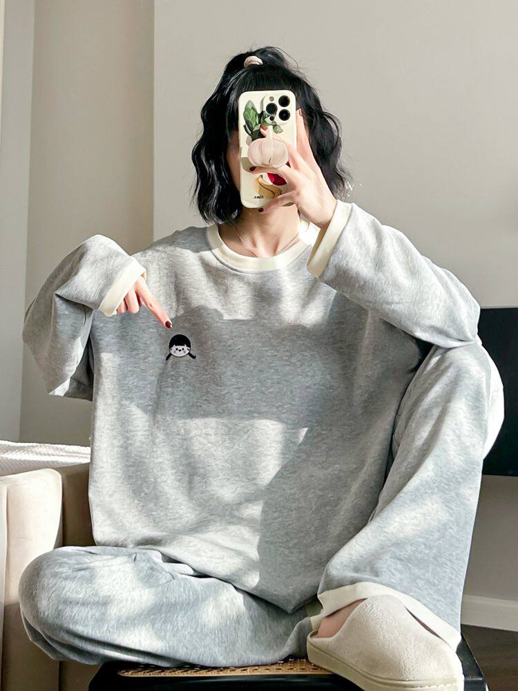 HEARMES CUTE DOLL PAJAMAS WOMENS LONG SLEEVE COTTON SPRING SOLID COLOR CASUAL CAN BE WORN LOOSE LOUNGEWEAR