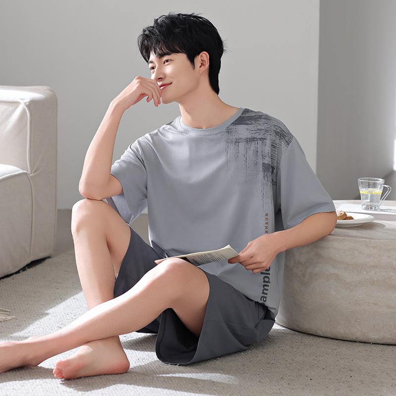 HEARMES 莫代尔棉睡衣男夏季薄款短袖短裤大码可外穿夏天套头家居