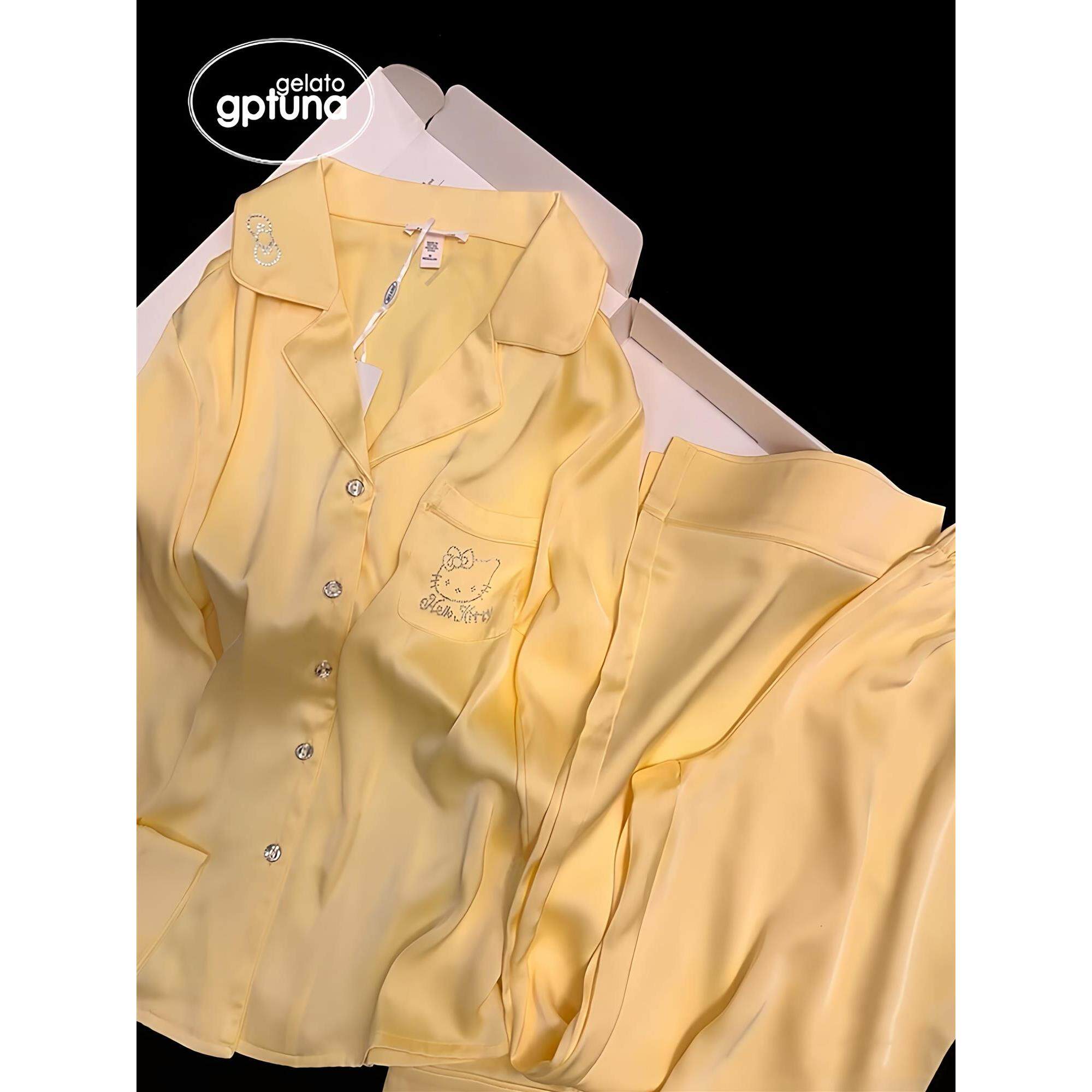 HEARMES 奶油黄kitty猫真丝睡衣女春秋款烫钻高级感冰丝家居服套