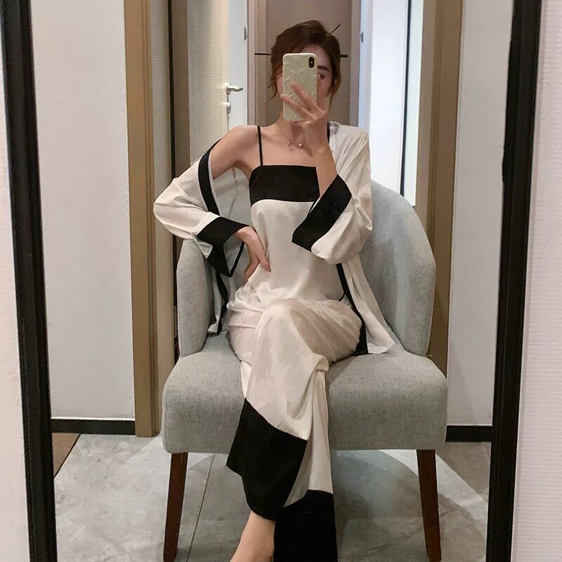 HEARMES 冰丝睡衣女春秋三件套家居服夏季女款吊带性感带胸垫套装