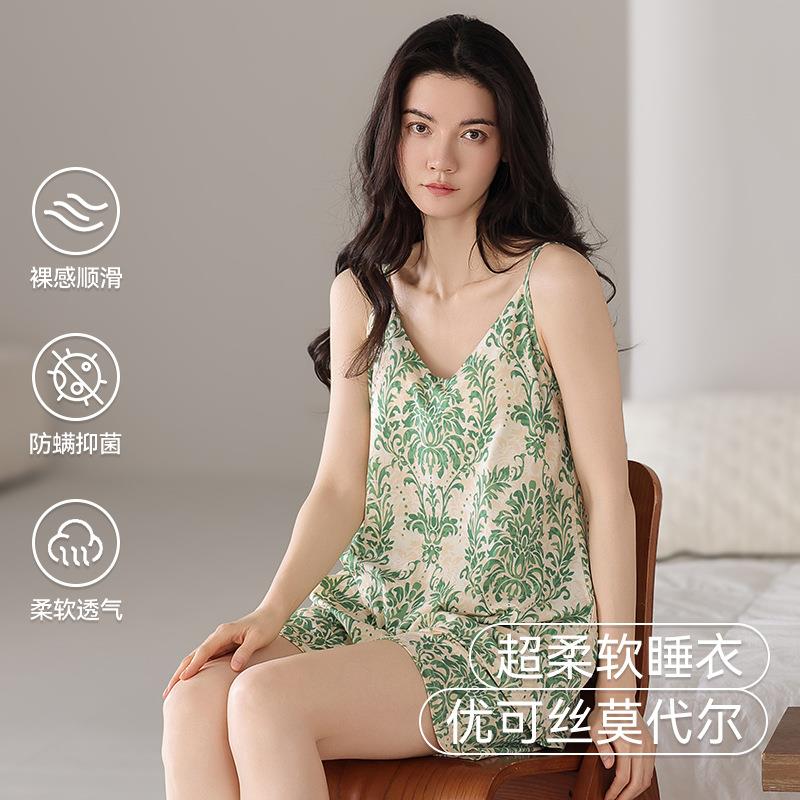 HEARMES 莫代尔夏带胸垫睡衣女吊带短裤宽松休闲家居服夏款防凸点
