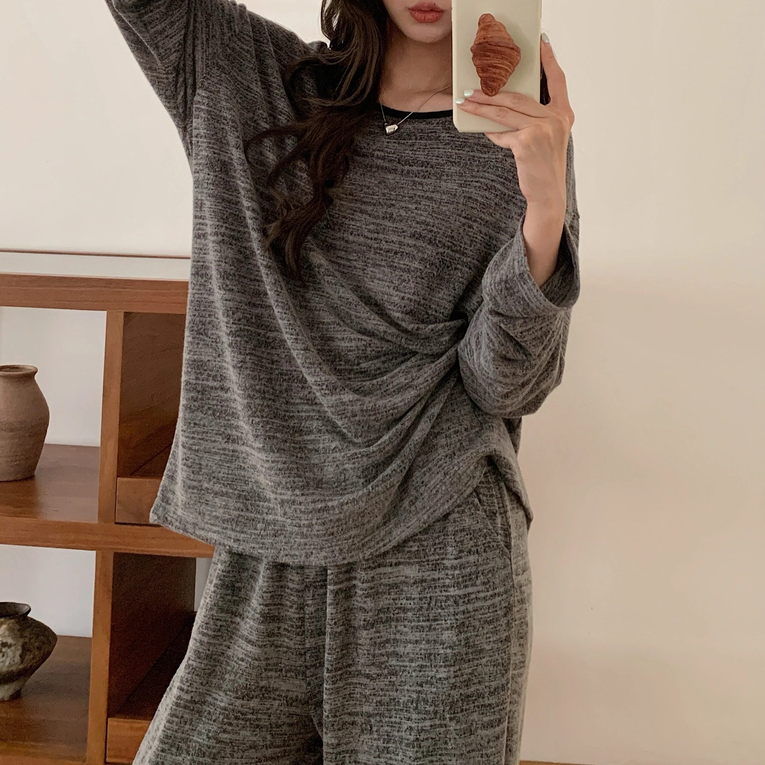 HEARMES 慵懒宽松睡衣套装秋季保暖显瘦家居服二件套圆领套头秋冬