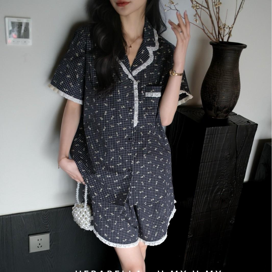 HEARMES 夏季新品睡衣女士纯棉小碎花格子翻领开衫家居服可外穿