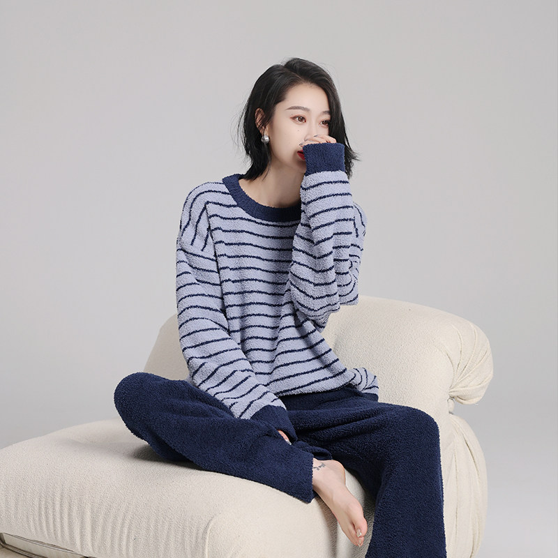 HEARMES 睡衣女士秋冬季半边绒加厚保暖条纹可外穿毛绒家居服套装