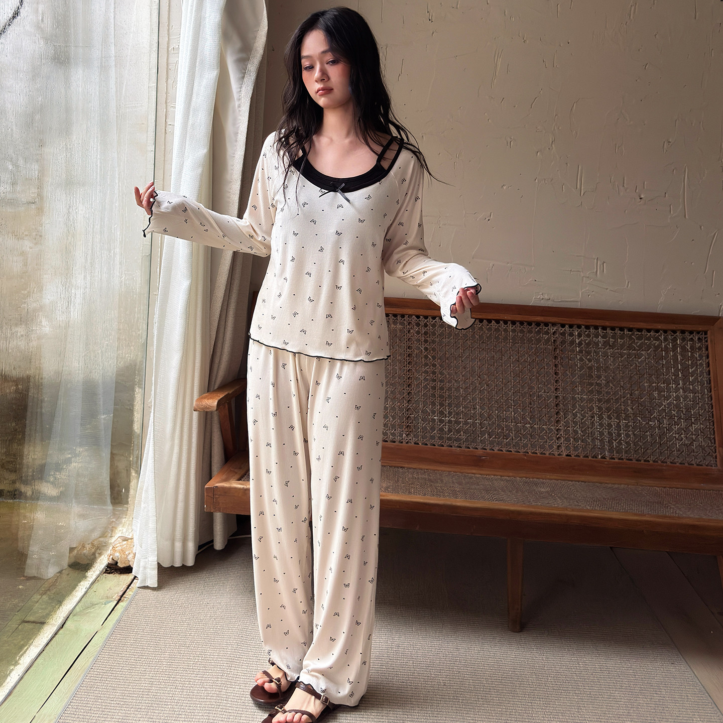 HEARMES 带胸垫一体睡衣女款春秋季假两件蝴蝶结长袖可外穿家居服