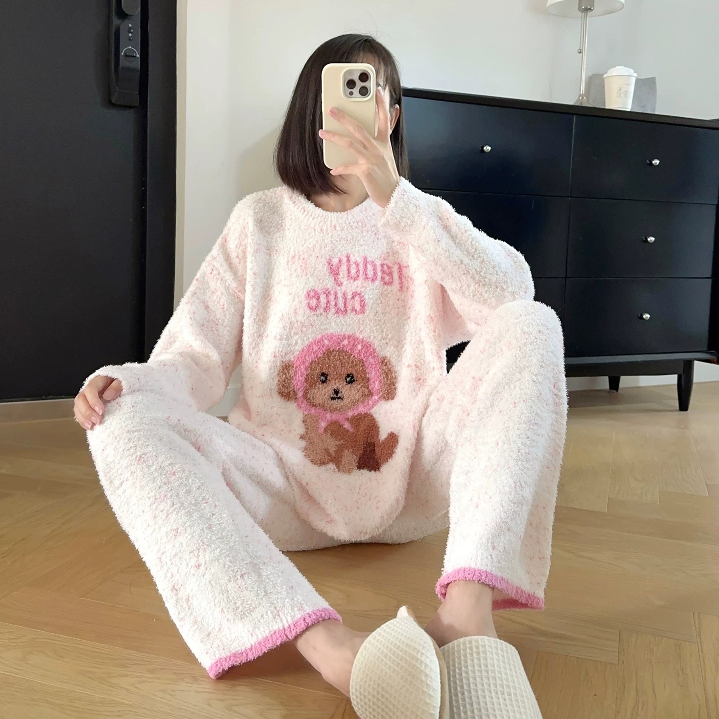 HEARMES 日系可爱冬季睡衣女款软绵绵加厚半边绒可外穿套头家居服