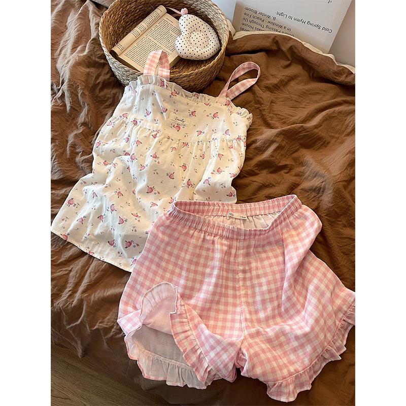 HEARMES 少女设计感碎花吊带睡衣女夏季粉色格子短裤家居服套装夏