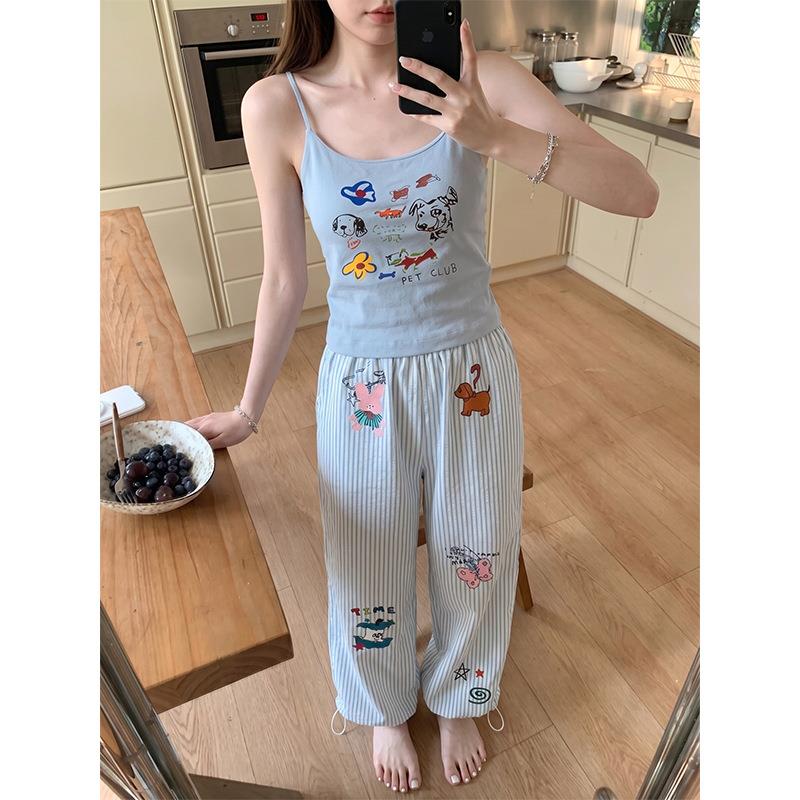 HEARMES 可爱小狗印花吊带睡衣女夏款身背心长裤舒适居家套装