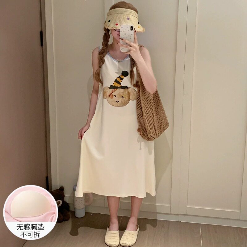 HEARMES 吊带睡裙女夏睡衣冰爽棉背心大码带胸垫可外穿小熊家居服