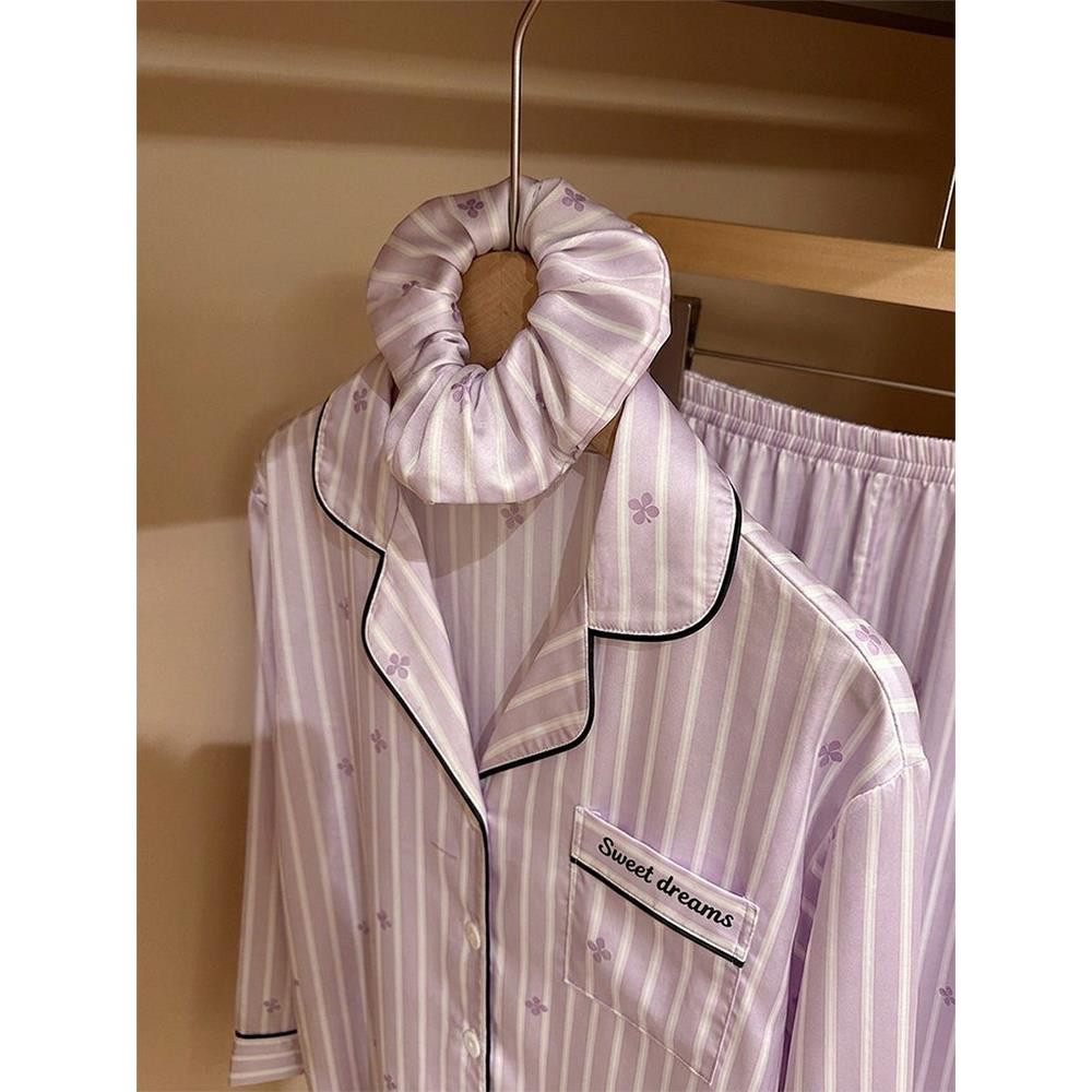 HEARMES 轻奢蝴蝶条纹冰丝睡衣女春秋季长袖家居服夏天短袖三件套