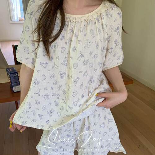 HEARMES 夏薄款纱布棉睡衣女甜美短袖短裤超软糯舒适家居服可外穿