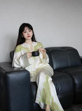 HEARMES 真丝睡衣女优雅轻奢绿色蕾丝边圆领长袖长裤套装复古家
