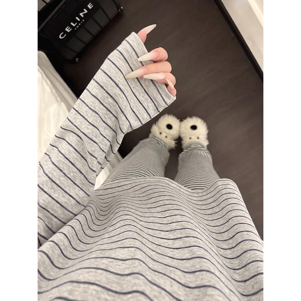 HEARMES 高级感条纹莫代尔睡衣女春秋季长袖家居服夏天休闲可外穿