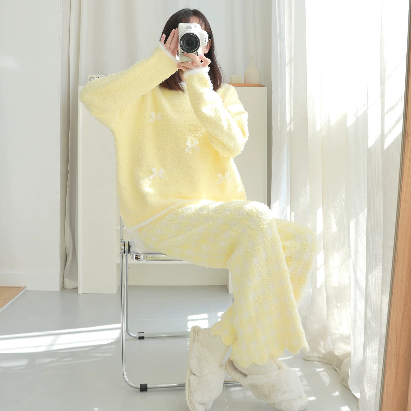HEARMES 半边绒睡衣女款秋冬季甜美风珊瑚绒可外穿家居服冬天套装