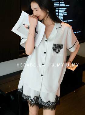 HEARMES 夏季睡衣韩系轻奢高级感翻领开衫家居服睫毛蕾丝短袖短裤