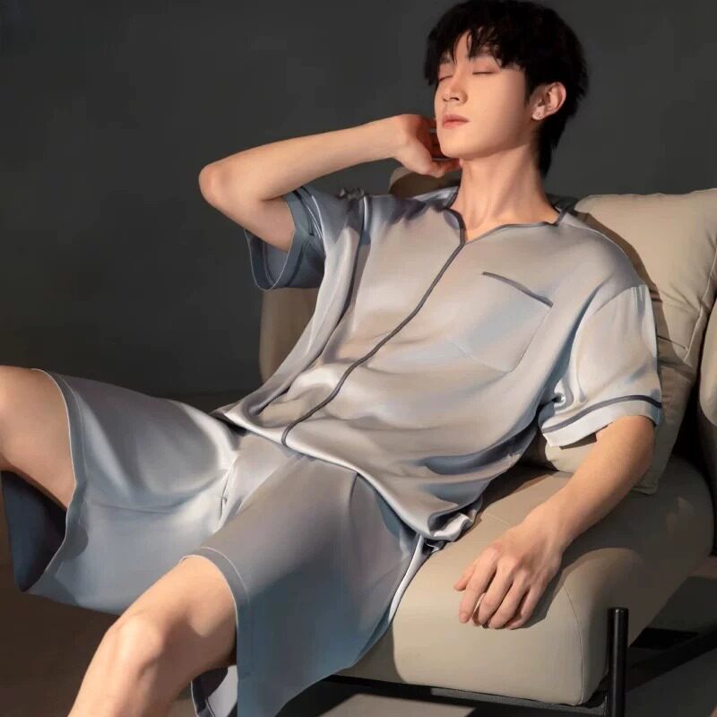 HEARMES 真丝睡衣男士夏天薄款短袖夏季款桑蚕丝绸套头家居服套装