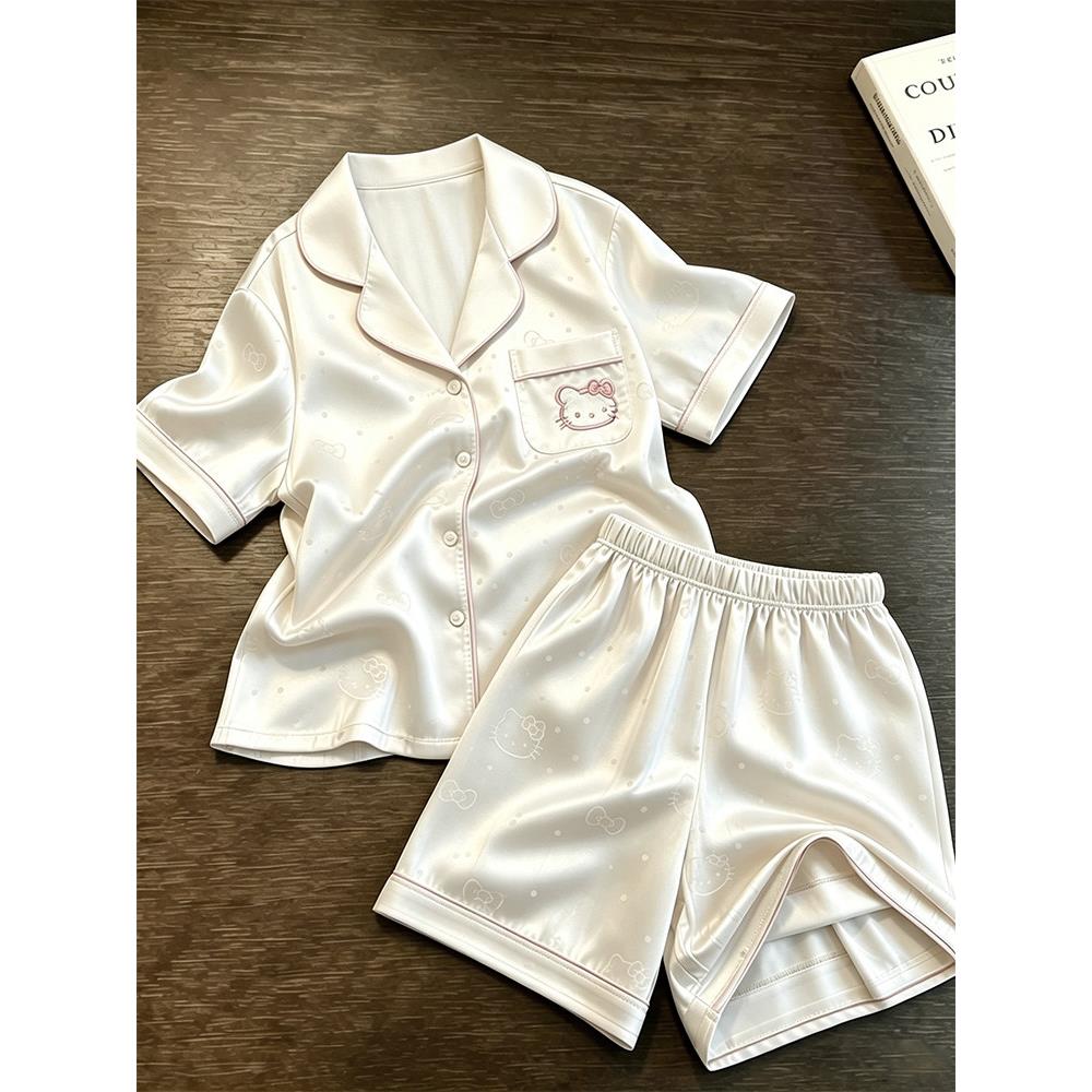 HEARMES 卡通波点猫咪冰丝睡衣女夏季短袖三件套家居服春秋天长袖