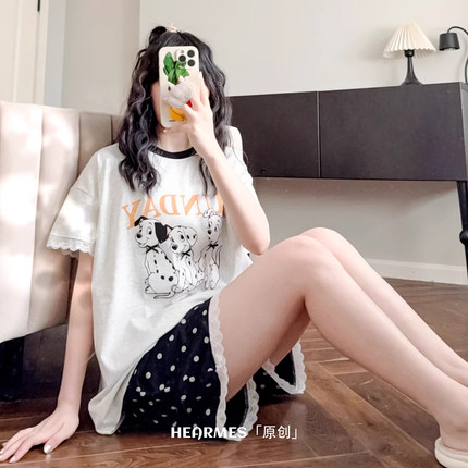 HEARMES 甜美可爱蕾丝睡衣女夏纯棉短袖短裤可外穿薄款凉感家居服