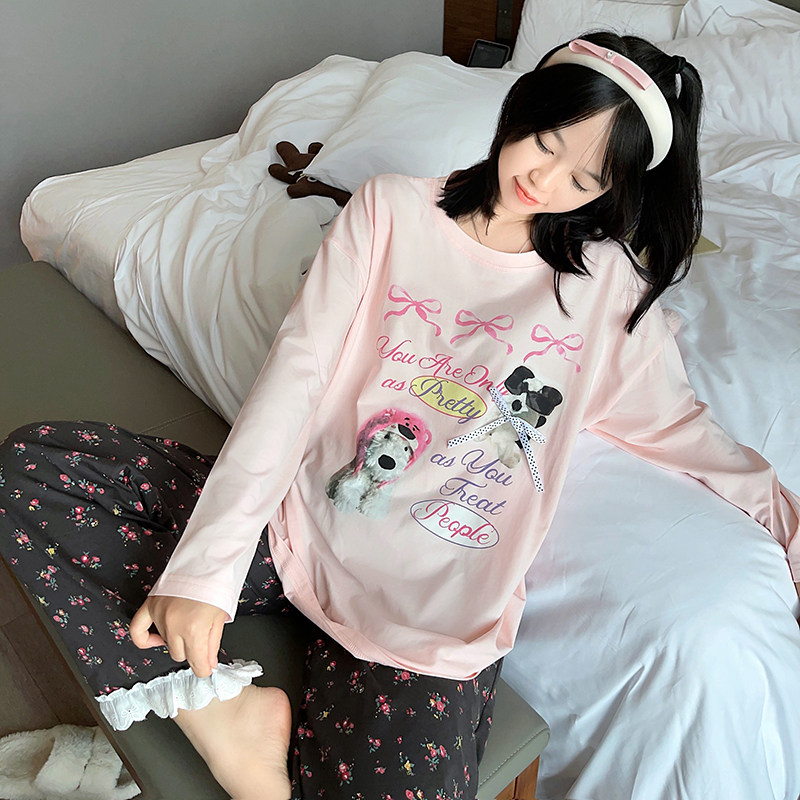 HEARMES 蝴蝶结小狗碎花长袖长裤纯棉睡衣女春秋季甜美家居服套装