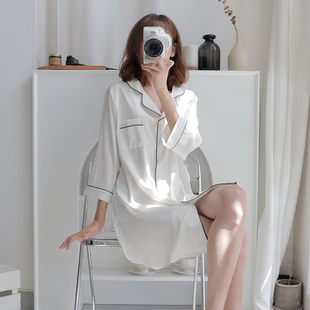 冰丝诱人中袖 女睡裙女夏季 睡衣女家居服 白色男友风衬衫 HEARMES