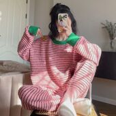 HEARMES 加厚珊瑚绒保暖可外穿家居服 条纹笑脸软绵绵睡衣女士冬季