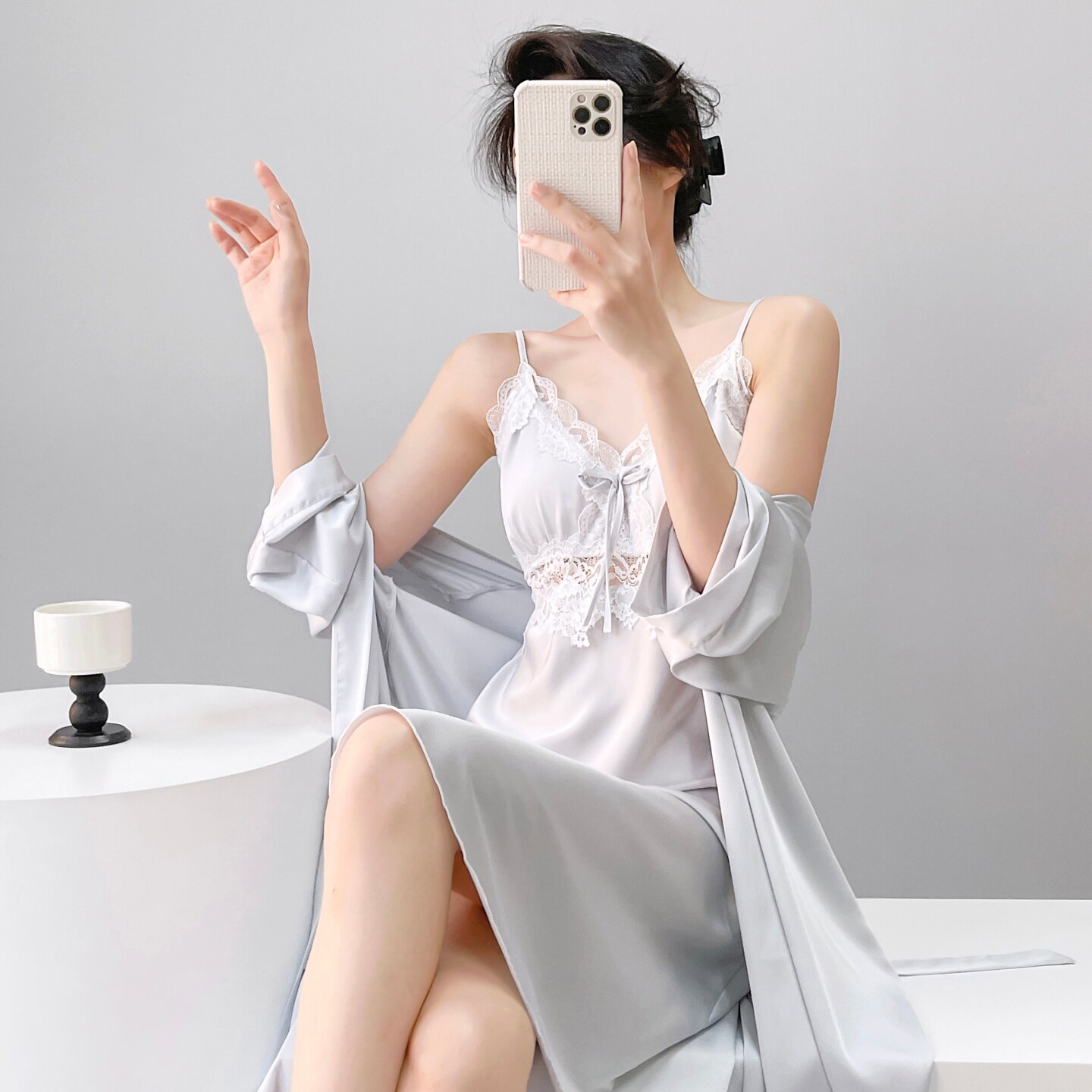HEARMES 睡裙女加长款性感纯欲高级感冰丝绸带胸垫吊带睡袍家居服