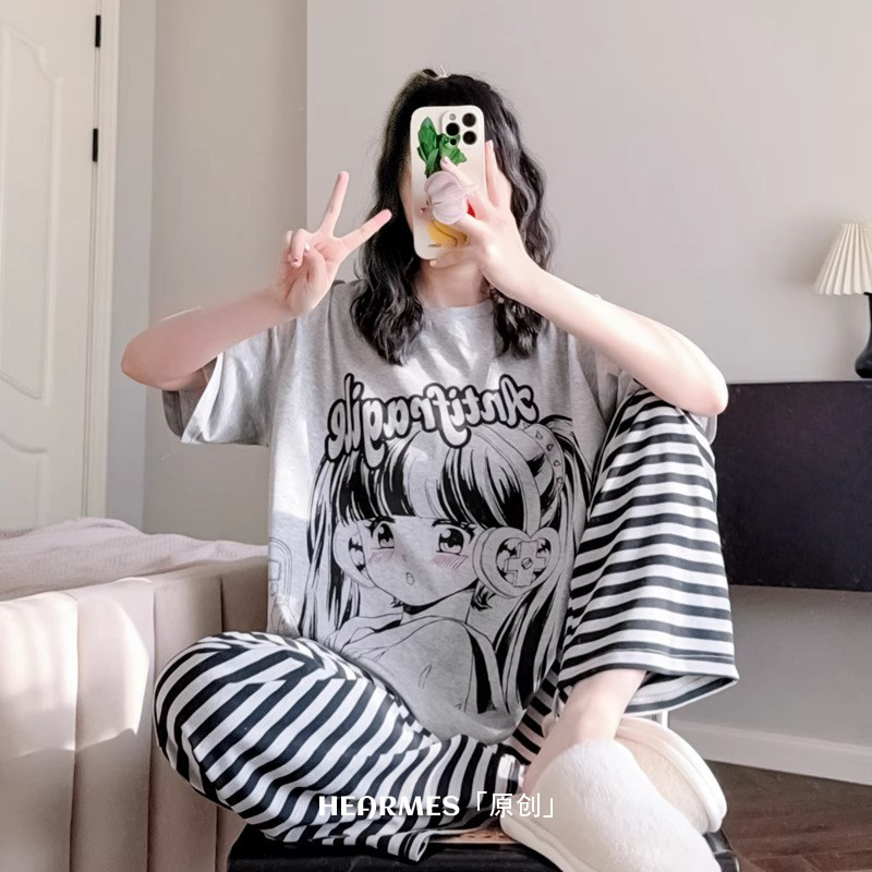 HEARMES 漫画少女睡衣夏季纯棉短袖长裤新款日系可外穿薄款家居服