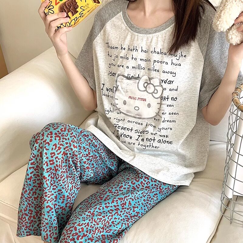 HEARMES 卡通凯蒂猫睡衣女款夏季夏天短袖豹文长裤休闲套装家居服